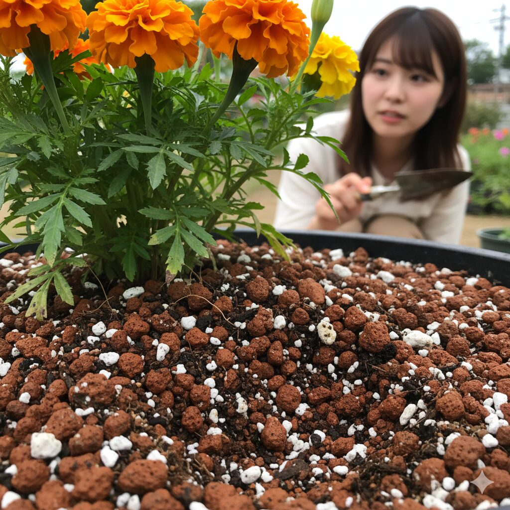 マリーゴールド 何月　マリーゴールドの栽培に適した、通気性と水はけを良くするために赤玉土やパーライトが混ぜられている粒状の培養土のクローズアップ。