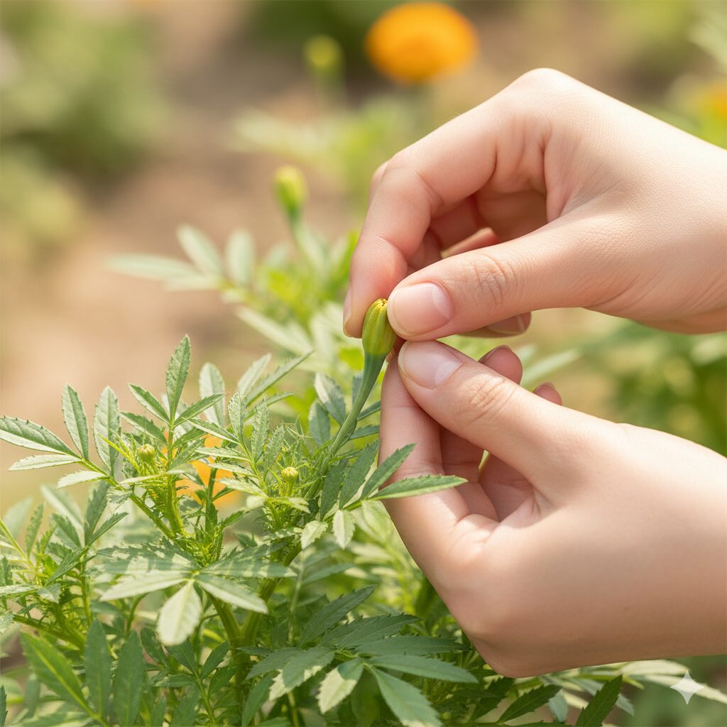 マリーゴールド 植える時期　マリーゴールドの若株の先端の芽を指で摘芯している様子