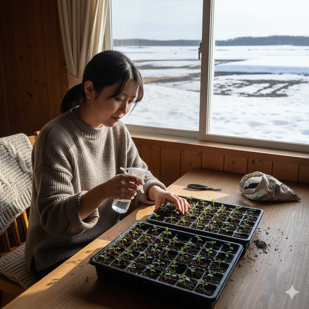 マリーゴールド 植える時期　寒冷地の室内で育苗トレイで育てられる小さなマリーゴールドの苗