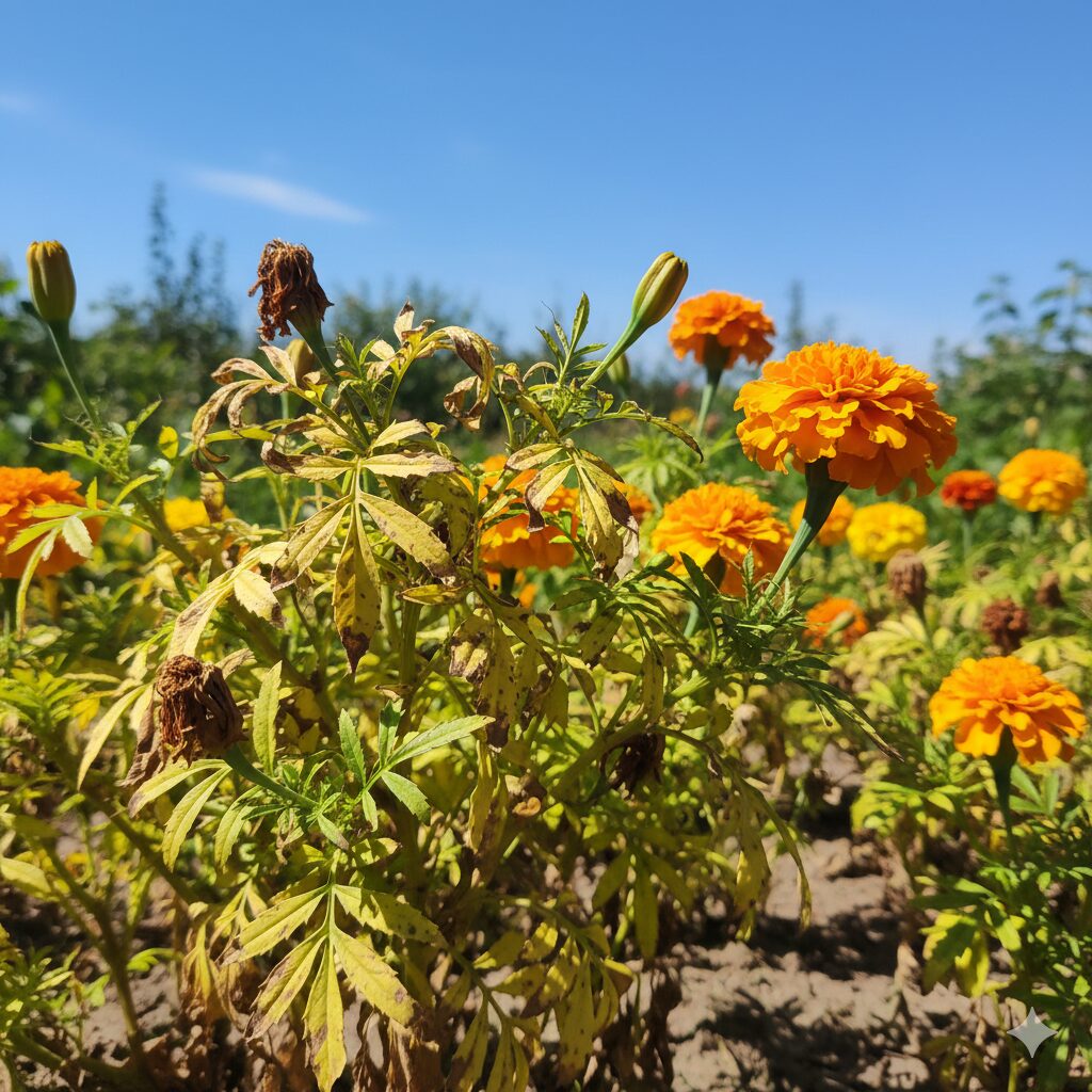 マリーゴールド 植える時期　真夏の強い日差しで一時的に生育が停滞しているマリーゴールドの株