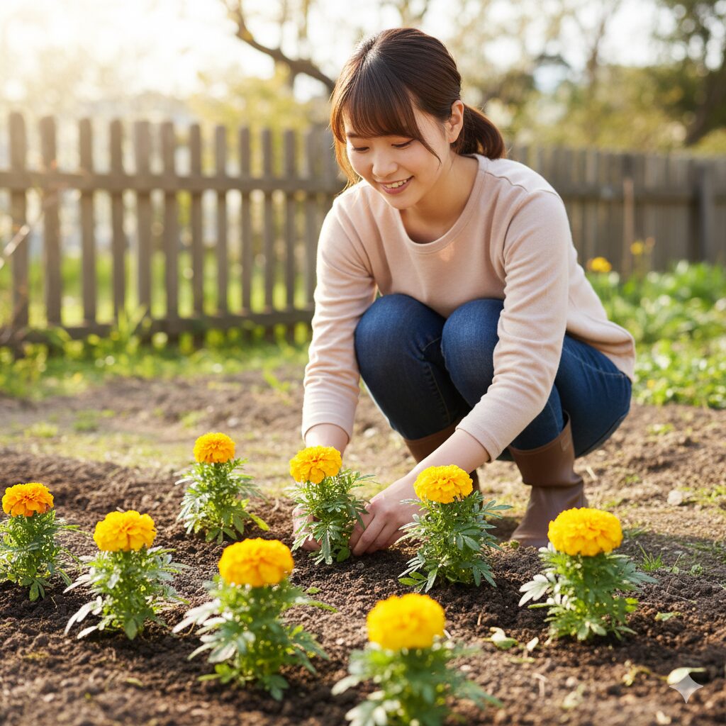 マリーゴールド 植える時期　ゴールデンウィーク前後に花壇に定植されたばかりのマリーゴールドの若い苗