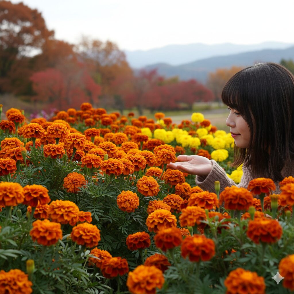 マリーゴールド 植える時期　秋の穏やかな日差しの中で色鮮やかな大輪を咲かせたアフリカンマリーゴールド