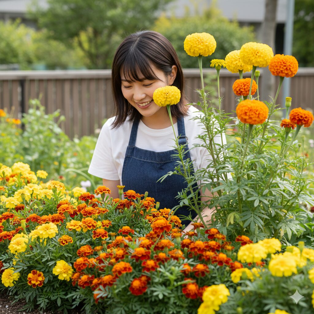 マリーゴールド 植える時期　フレンチ種とアフリカン種のマリーゴールドが隣り合って咲いている様子