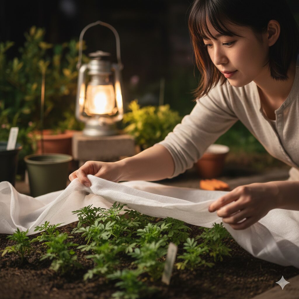 マリーゴールド 植える時期　花壇のマリーゴールドの苗に夜間の霜よけのため不織布がかけられている