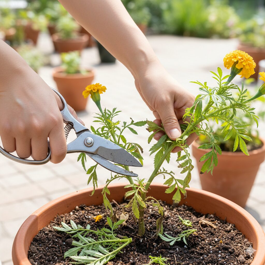 マリーゴールド 植える時期　夏バテしたマリーゴールドの株を園芸ハサミで切り戻している様子