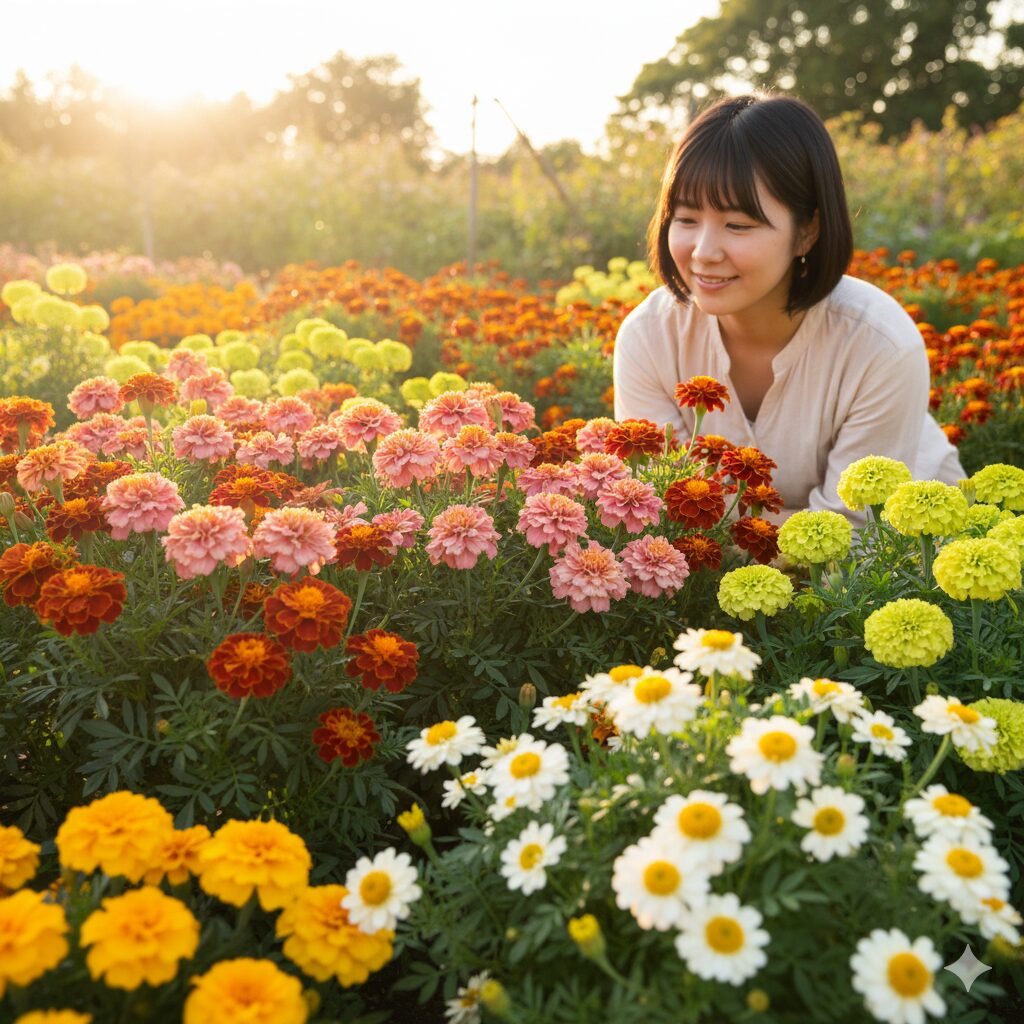 マリーゴールド 珍しい色　多彩な珍しい色のマリーゴールドが咲き誇る美しい庭の風景
