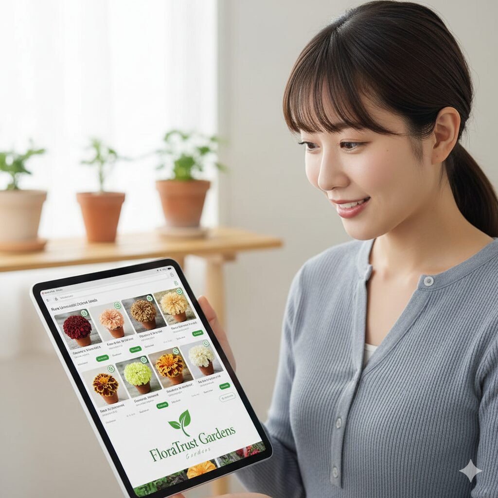 珍しい色のマリーゴールドの種子や苗が並ぶオンラインショップの画面