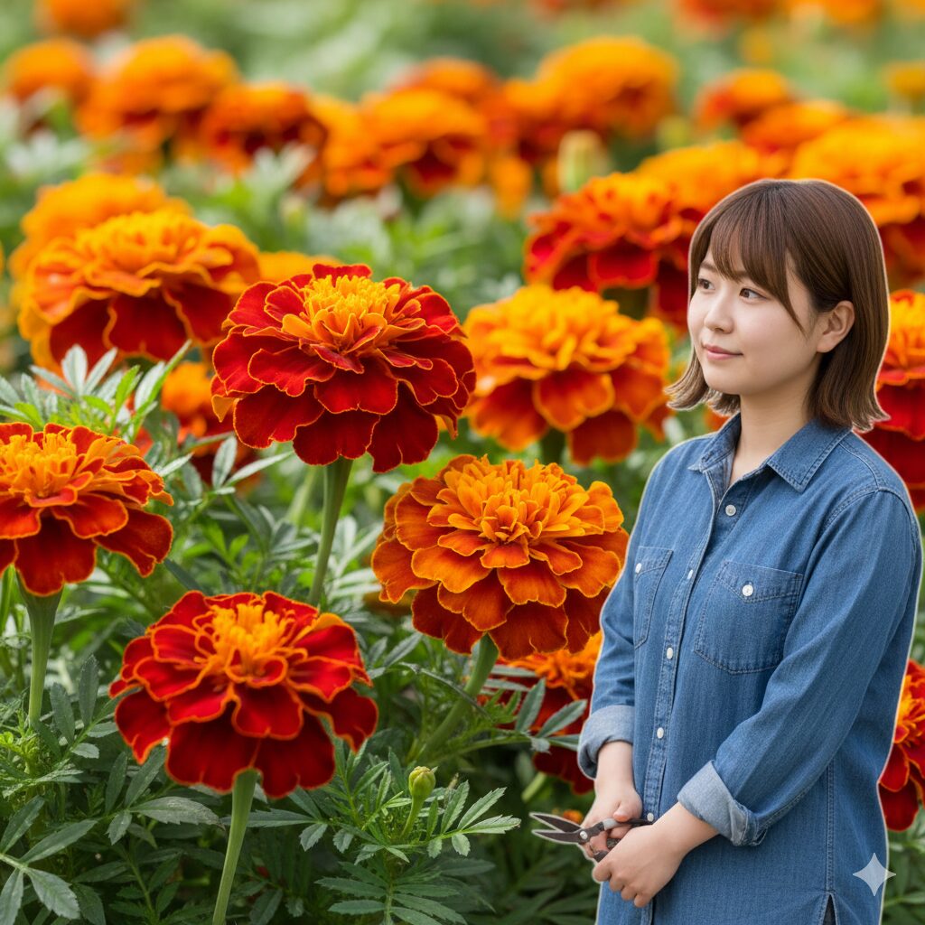 マリーゴールド 珍しい色　温度で赤からオレンジに変化するファイヤーボールマリーゴールドの複数の花