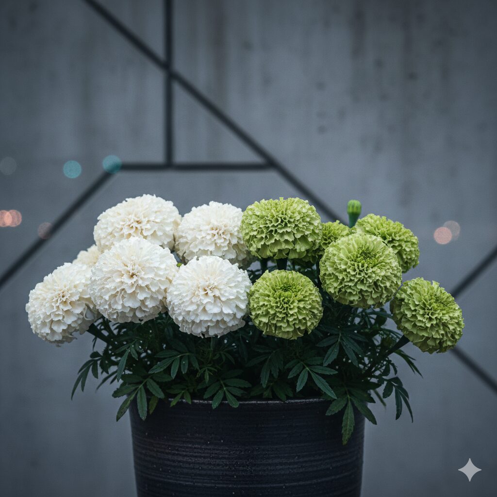 マリーゴールド 珍しい色　白色のホワイトゴールドミニと緑色のグリーン・ジェダイマリーゴールドが並ぶ様子