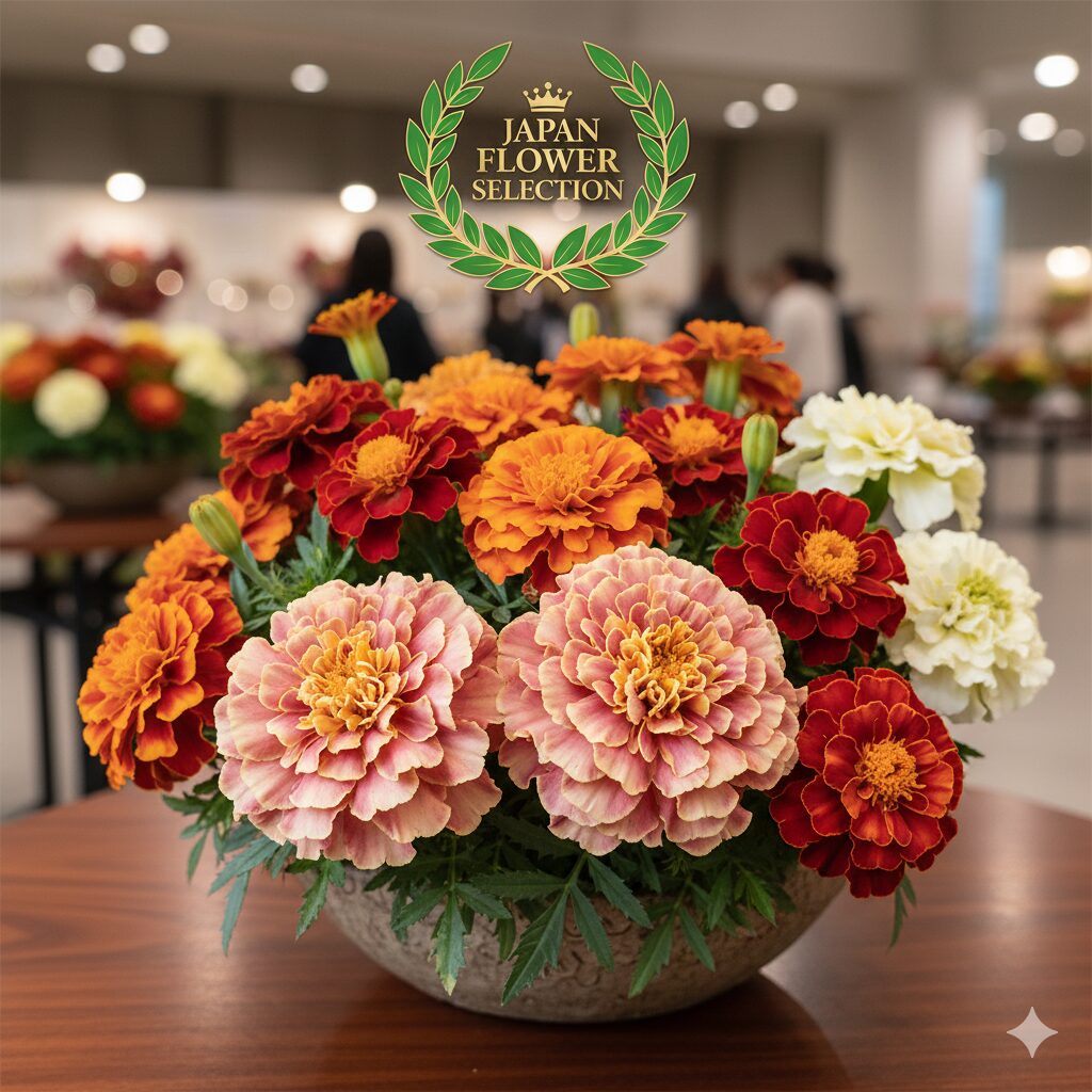 マリーゴールド 珍しい色　ジャパンフラワーセレクションのロゴと認定されたストロベリー・ブロンドマリーゴールド