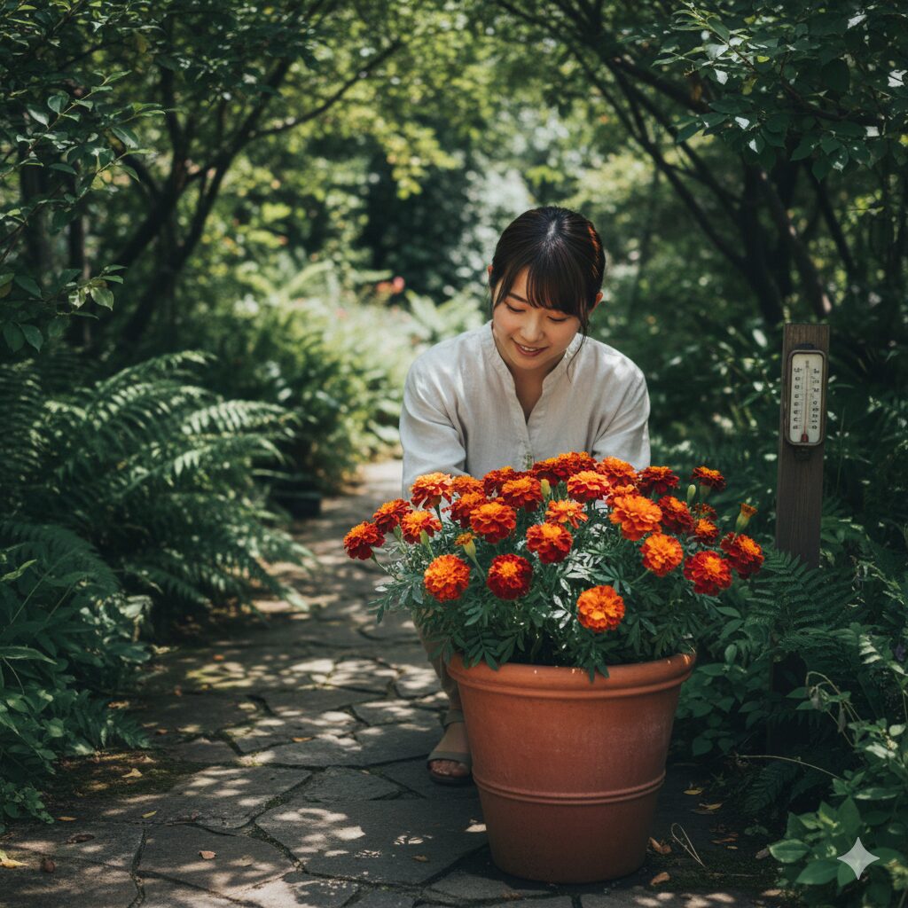 マリーゴールド 珍しい色　鉢植えで鮮やかな赤とオレンジに咲くファイヤーボールマリーゴールド