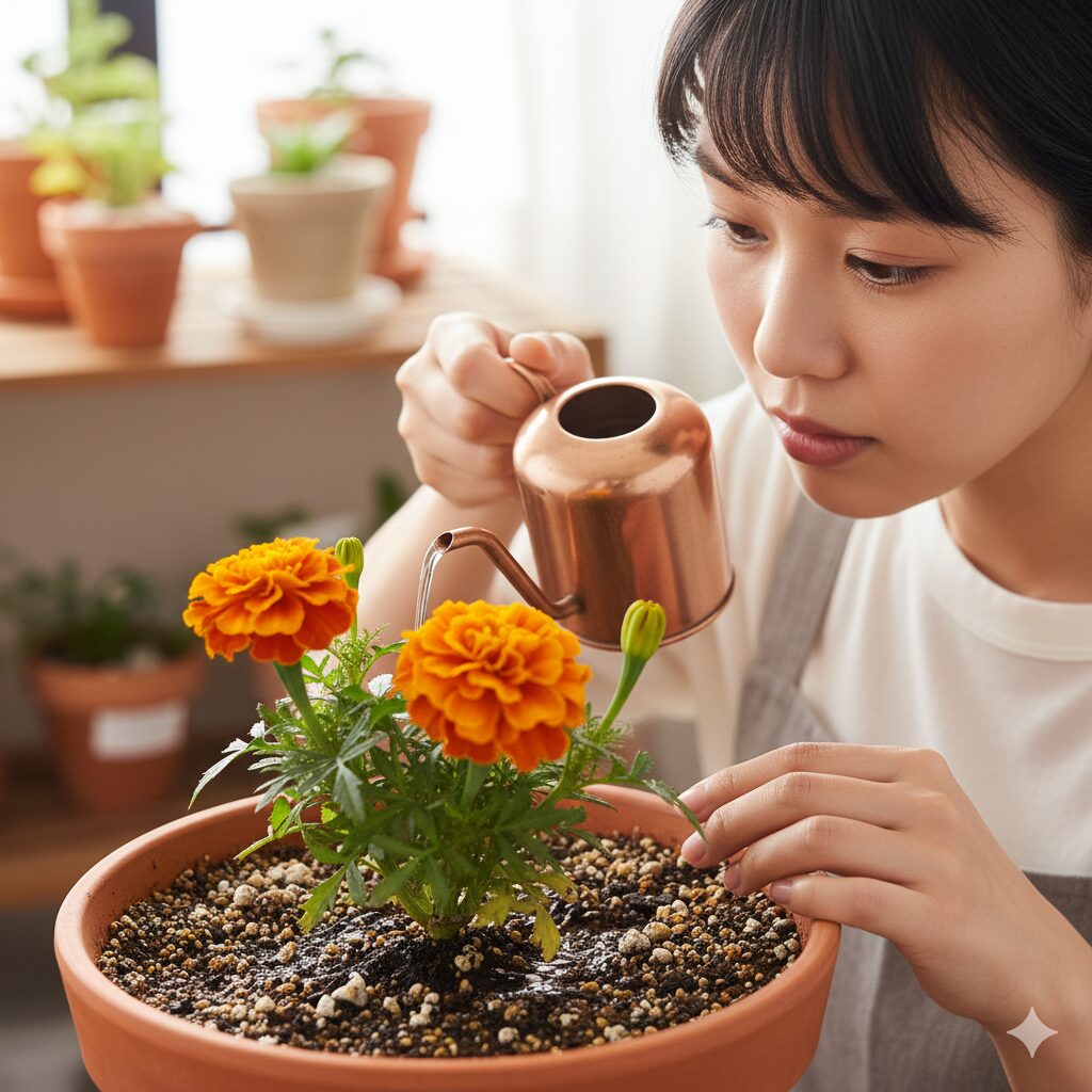 マリーゴールド 珍しい色　株元に丁寧に水やりをする珍しい色のマリーゴールドの鉢植え