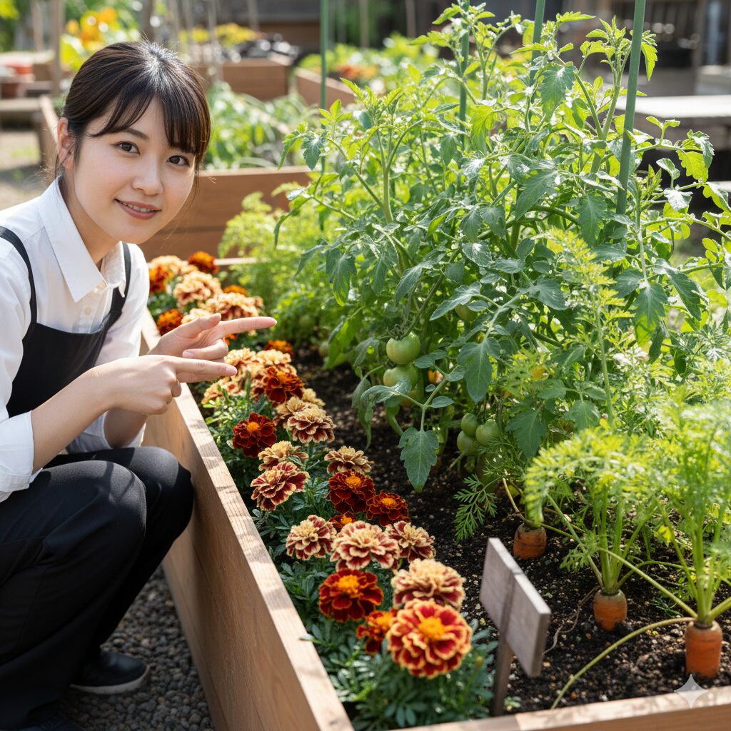 マリーゴールド 珍しい色　家庭菜園の野菜と共に植えられた珍しいマリーゴールドのコンパニオンプランツ
