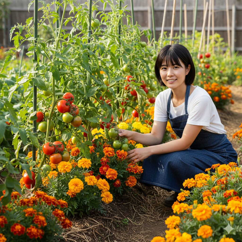 家庭菜園でトマトの畝の間にコンパニオンプランツとして混植されたマリーゴールド