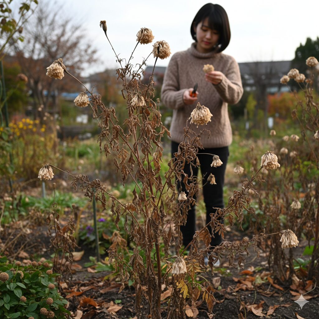 晩秋になり全体が茶色く枯れ込んだ採種時期のマリーゴールドの株
