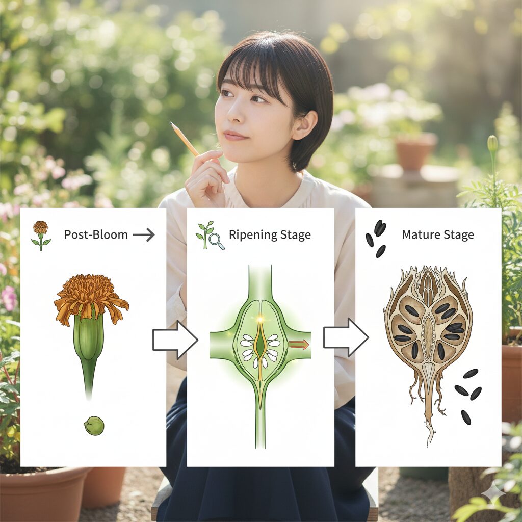 マリーゴールドの花が咲き終わってから種が登熟・完熟するまでのメカニズム図解