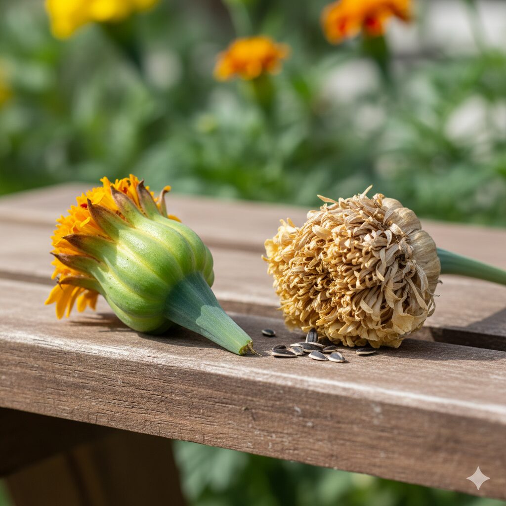 比較写真：左は緑色の未熟なマリーゴールドのガク、右は茶色く乾燥した完熟のガク