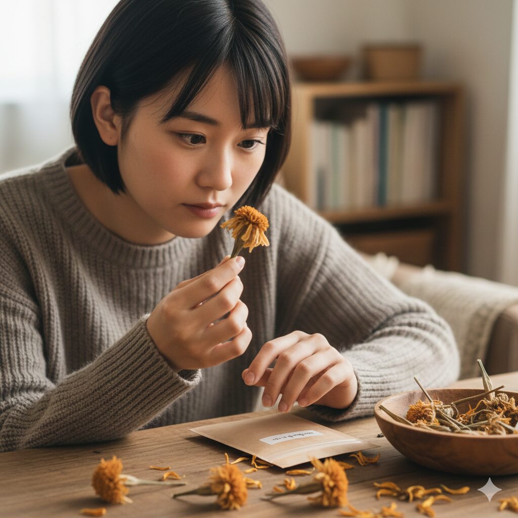 乾燥したマリーゴールドのガクから枯れた花びらごと種を引き抜いている様子