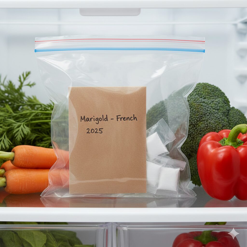 乾燥剤と共に密閉袋に入れられ、冷蔵庫の野菜室で保管されるマリーゴールドの種