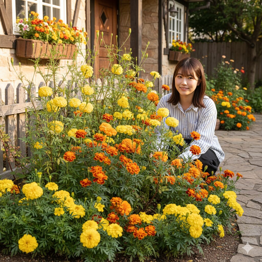 F1品種から自家採種し、色や形が多様に分離して咲いたマリーゴールドの花壇