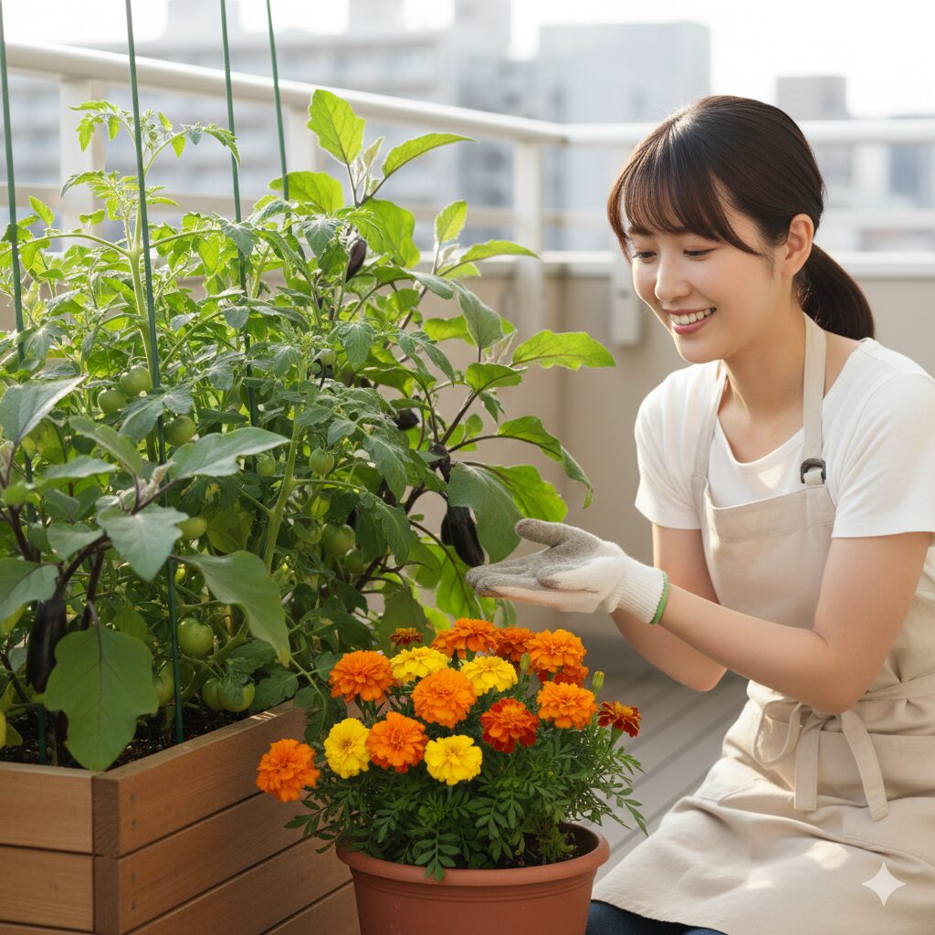 マリーゴールド 育て方 プランター マリーゴールドをコンパニオンプランツとして活用:野菜プランターの横にセンチュウ対策としてマリーゴールドの鉢を配置したガーデニング風景