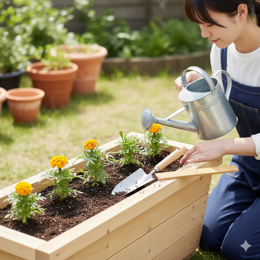 マリーゴールド 育て方 プランター プランター栽培で重要な株間と水やり用のウォータースペース(フチ下2cm)を確保して植えられたマリーゴールドの苗