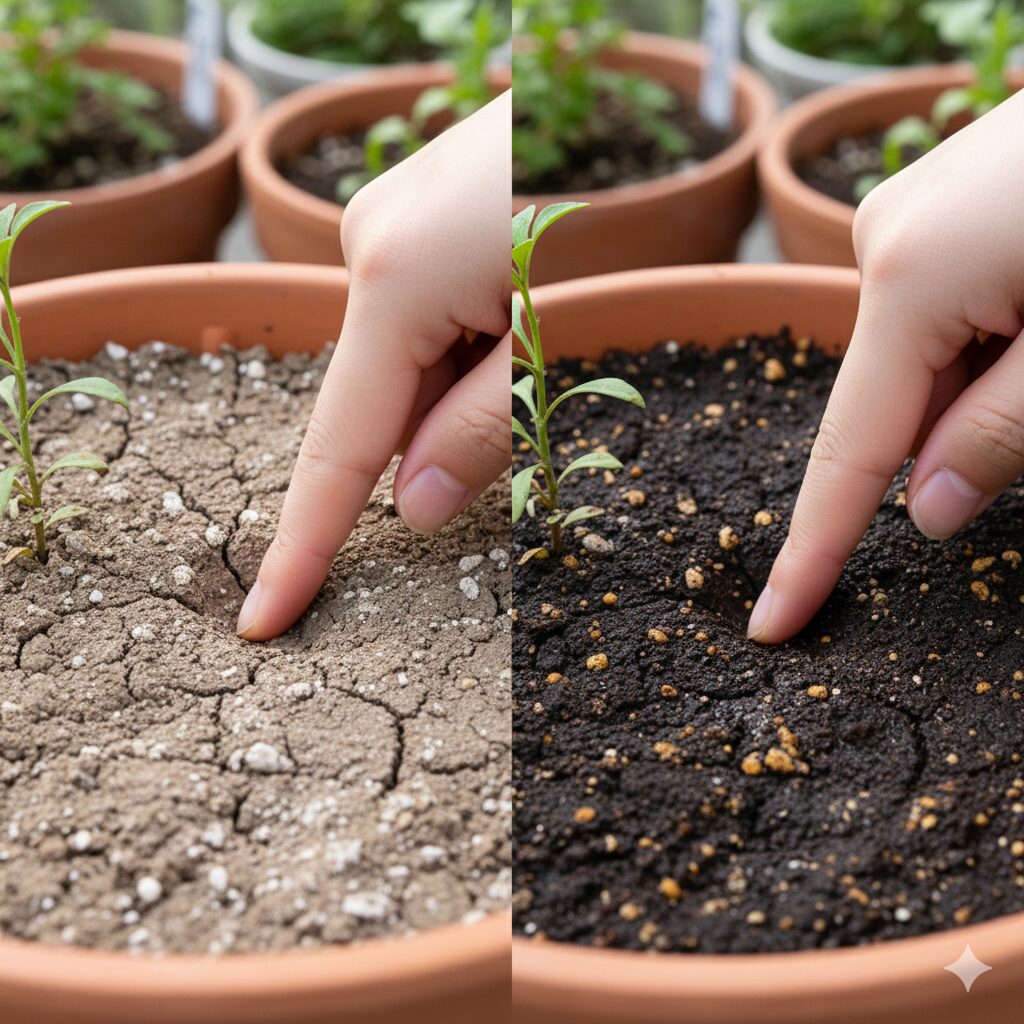 マリーゴールド 育て方 プランター マリーゴールドの水やりタイミングを示す:土の表面が白っぽく乾いた状態を判断するガーデニングの様子