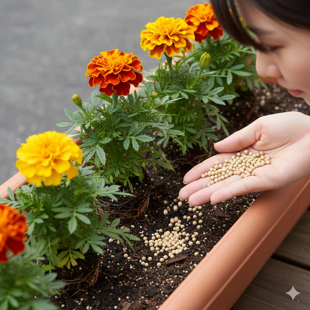 マリーゴールド 育て方 プランター マリーゴールドの継続開花を促すための緩効性化成肥料(置き肥)を株元から離して施肥している様子