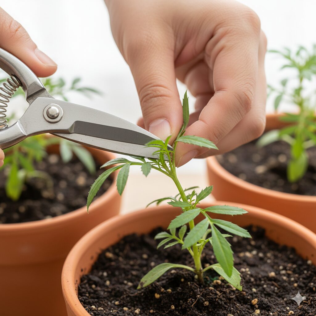 マリーゴールド 育て方 プランター マリーゴールドの株のボリュームと花数を増やすために行う、若い主茎の先端を摘心(ピンチ)している手順写真