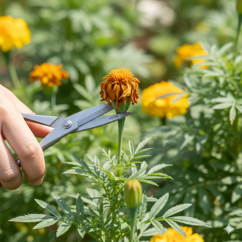 マリーゴールド 育て方 プランター マリーゴールドの連続開花を維持するための花がら摘み:花茎の付け根から正しくカットしている様子