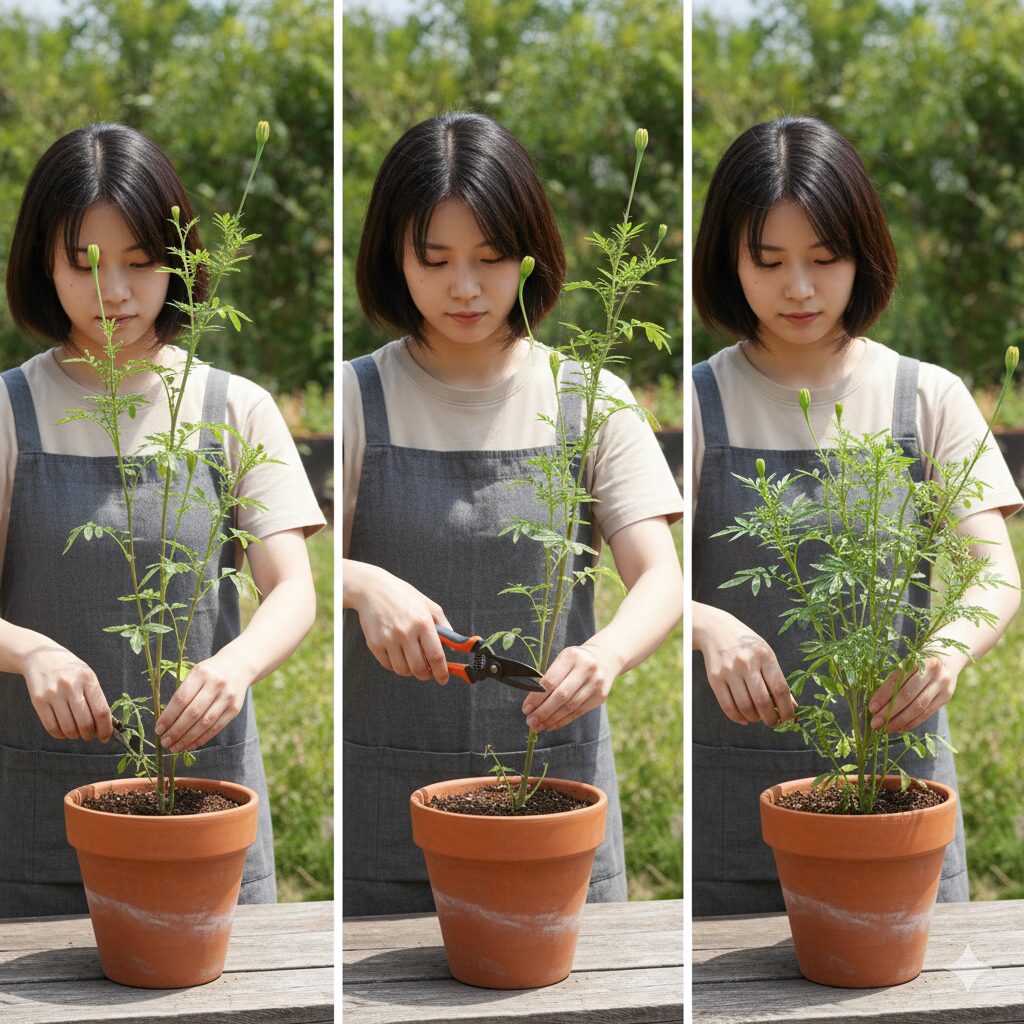マリーゴールド 育て方 プランター マリーゴールドの夏越しと秋の再開花のための、草丈を約半分に切り戻し剪定している手順写真