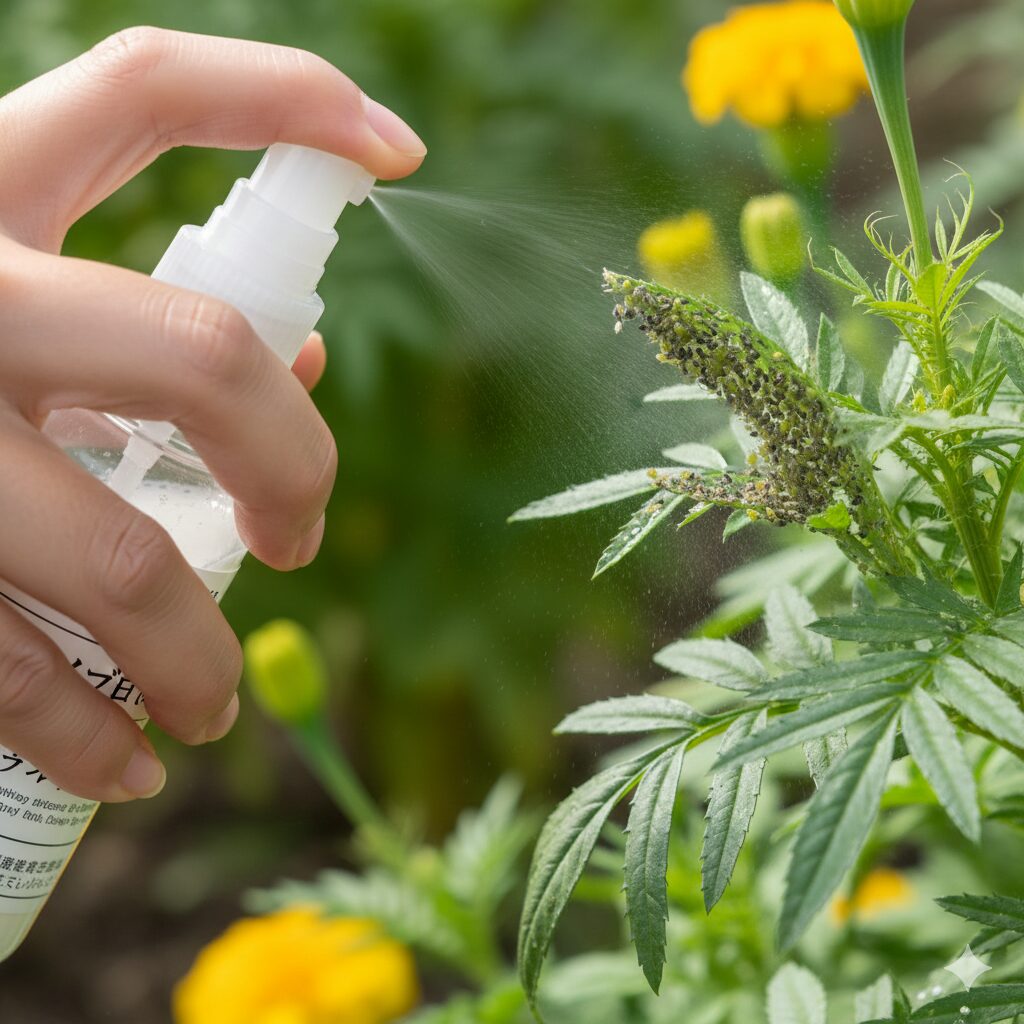 マリーゴールド 育て方 プランター アブラムシ駆除のための非農薬対策:マリーゴールドの葉裏に牛乳スプレーを散布している写真
