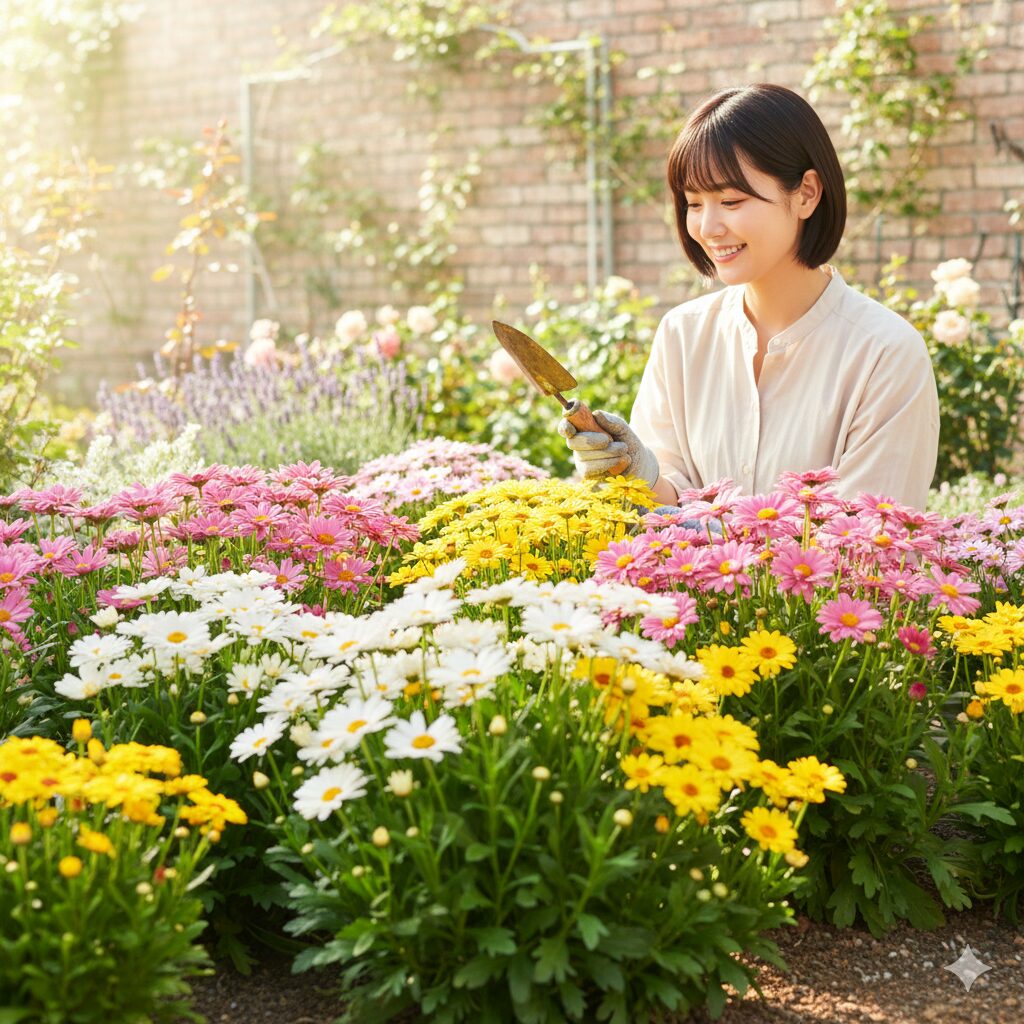 マーガレット育てかた　春の庭で満開に咲き誇る、ピンク、白、黄色の色とりどりのマーガレットの花々。