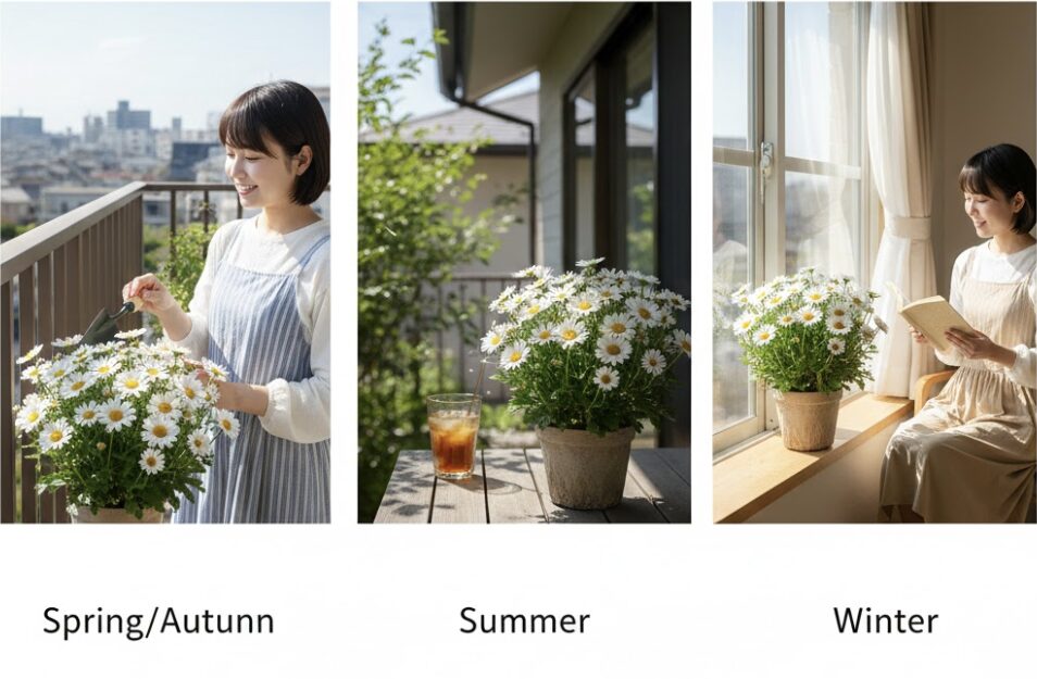マーガレット育てかた　マーガレットの季節ごとの適切な置き場所を示す写真。春・秋は屋外の日向、夏は半日陰、冬は室内の窓辺。