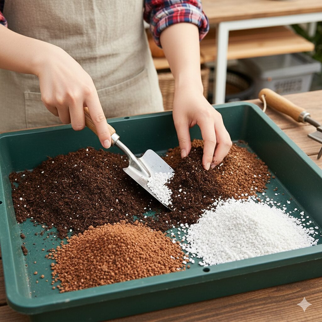 マーガレット育てかた　マーガレットの植え替え用に、培養土、赤玉土、腐葉土、パーライトをブレンドしている土作りの様子。