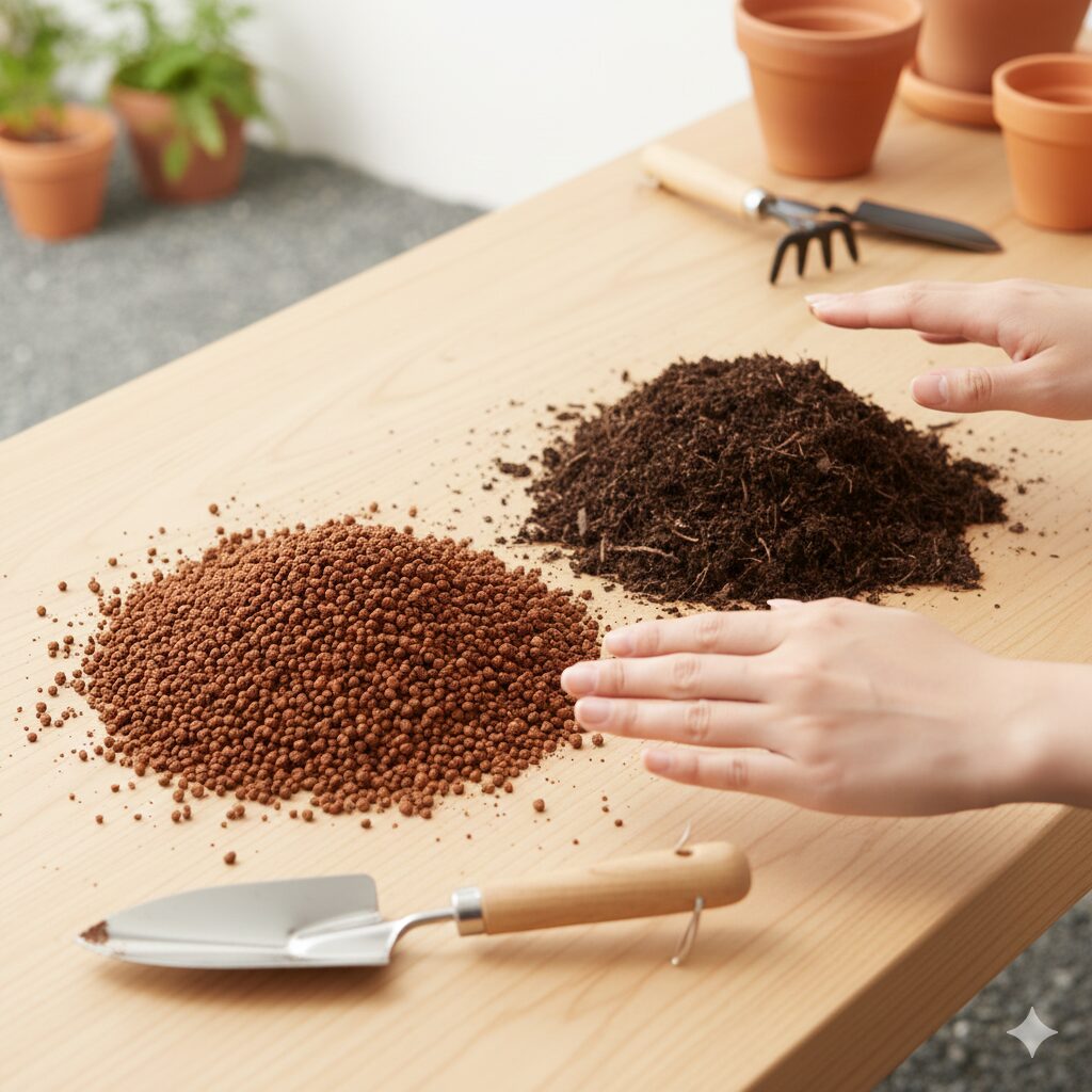 ミルフル 地植え　ミルフルの地植えに最適な土の配合比率。水はけを良くする赤玉土6対腐葉土4の割合を示した用土の材料。