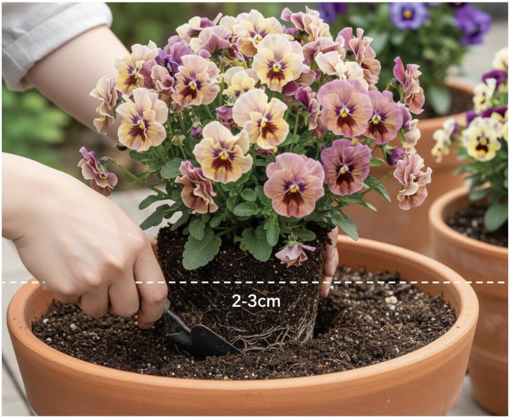 ミルフル 地植え　ミルフルの深植え手順の断面図。強風や霜柱対策として、ポットの土表面より2〜3cm深く土を被せて植え付ける方法。