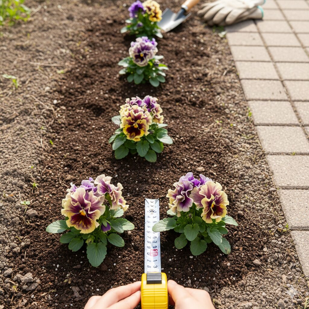 ミルフル 地植え　地植えにおけるミルフルの適切な株間。成長を見越して苗同士の間隔を20cmから30cm空けて配置した植え付け直後の様子。