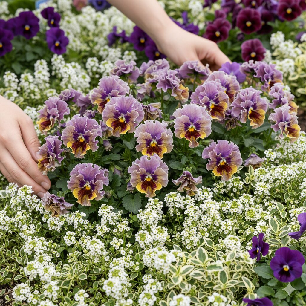 ミルフル 地植え　ミルフルとスイートアリッサムの混植例。株元の土をカバーし、泥はね防止と見栄えを良くするコンパニオンプランティング。