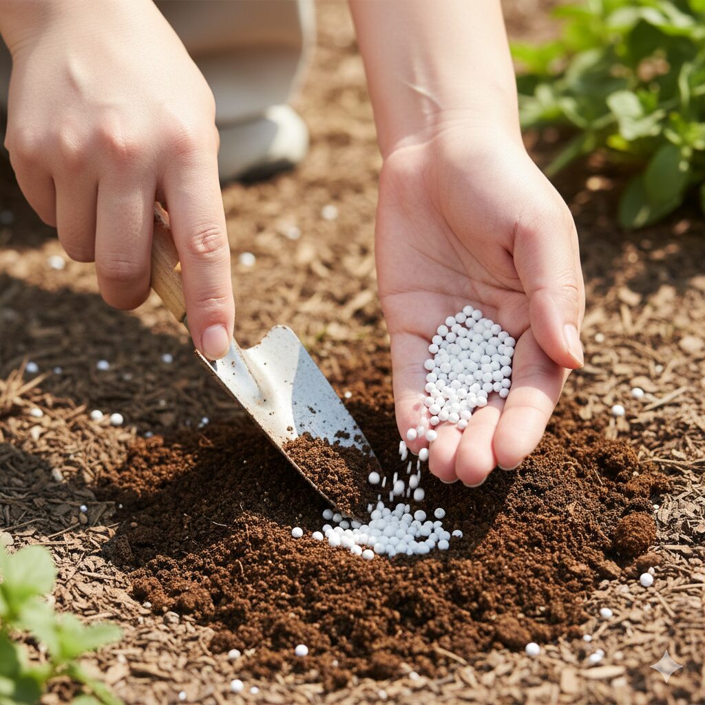 ミルフル 地植え　ミルフルの植え付け時に元肥を施す様子。リン酸を含む緩効性肥料を植え穴の土全体に均一に混ぜ込む土壌改良の作業。