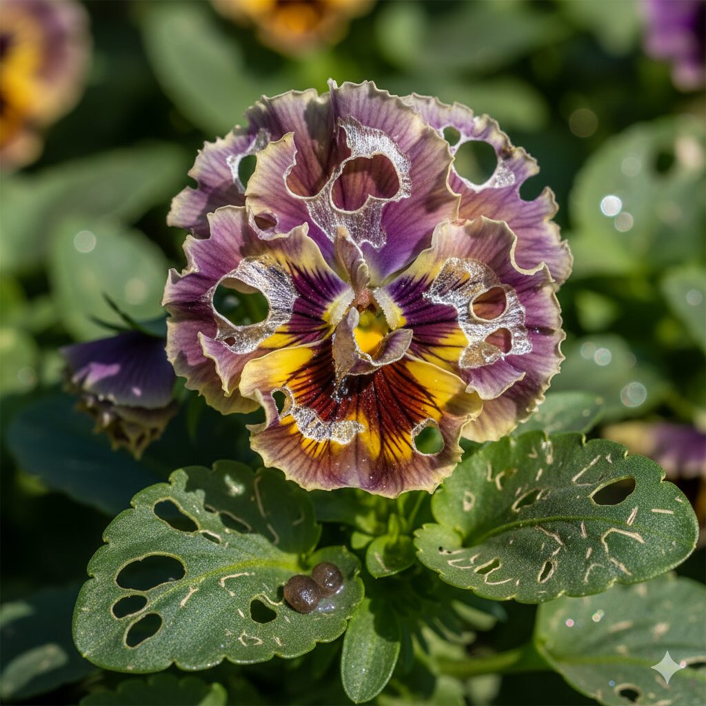 ミルフル 地植え　ナメクジによる食害を受けたミルフルの花。花弁がかじられ、粘液の跡が残っている典型的な被害の様子。