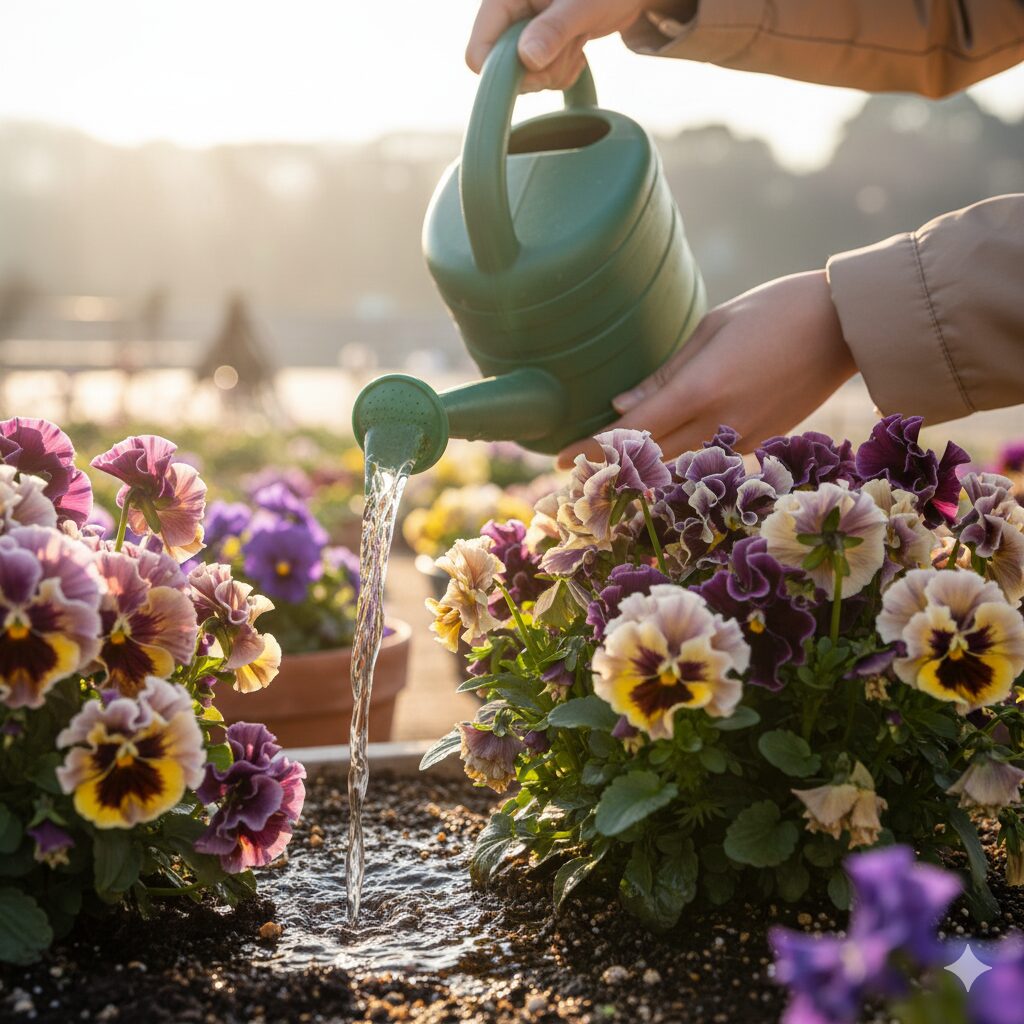 ミルフル 地植え　冬場のミルフルへの正しい水やり方法。凍結を防ぐため、晴れた日の午前中に株元へたっぷりと水を与えている様子。