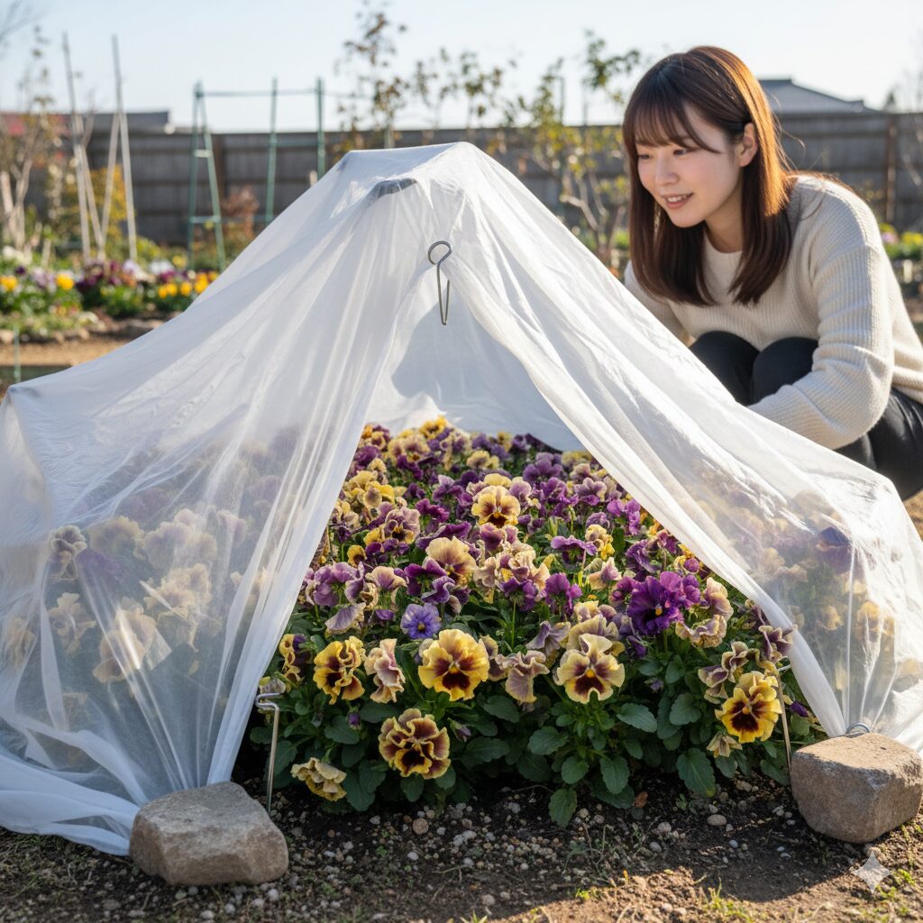 ミルフル 地植え　寒波対策としてミルフルに不織布をベタがけしている様子。霜や冷たい北風から株を守る物理的な防寒方法。