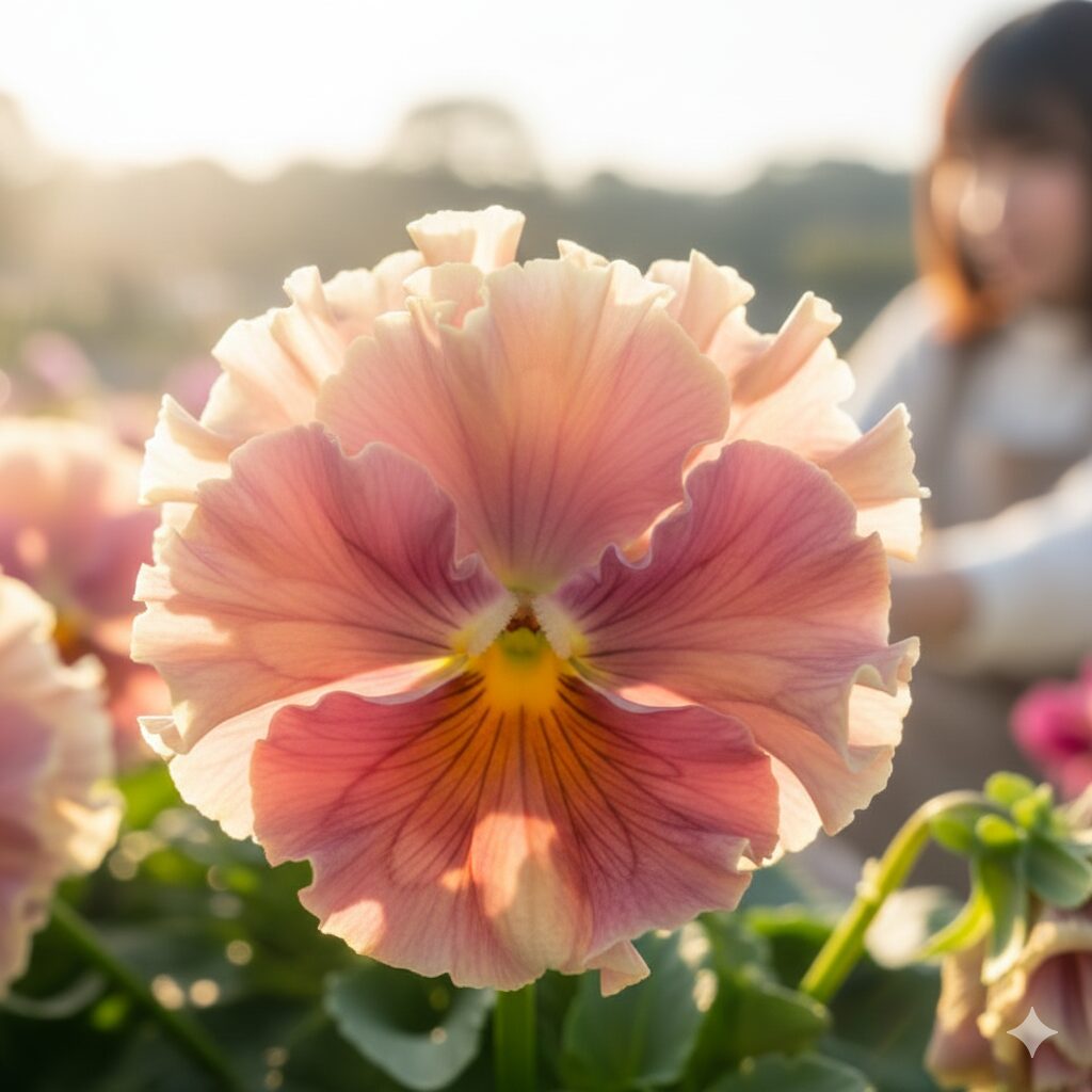 ミルフル 多年草　豪華なフリル咲きが特徴のビオラ品種「ミルフル」のクローズアップ