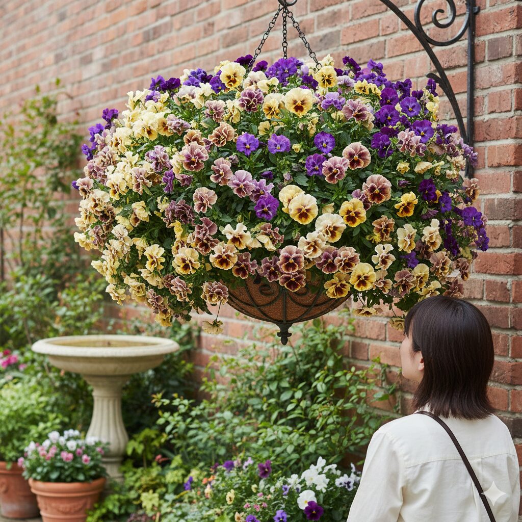 ミルフル 多年草　ほふく性を活かしてハンギングバスケットで枝垂れるように咲く満開のミルフル