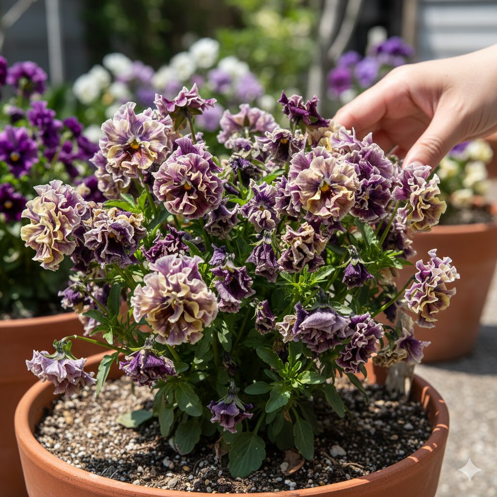 ミルフル 多年草　夏の高温と熱帯夜により熱性萎凋を起こして枯れたビオラの鉢植え