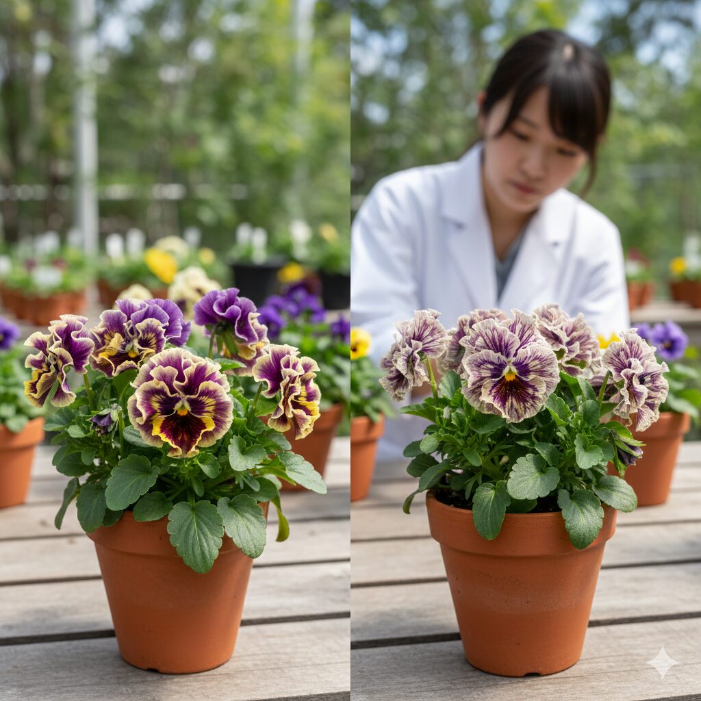 ミルフル 多年草　自家増殖によりウイルス病に感染し花弁にカラーブレークが生じたビオラ
