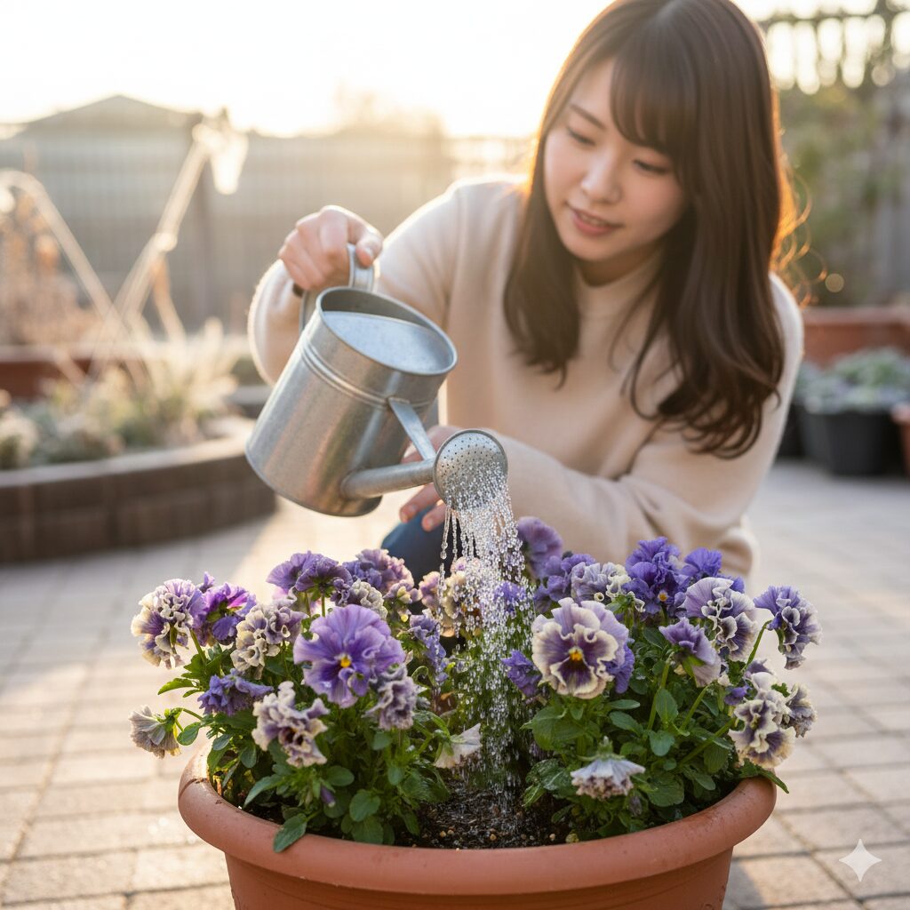 ミルフル 多年草　春の開花期に向けてリン酸成分が多い液体肥料を希釈して与える準備