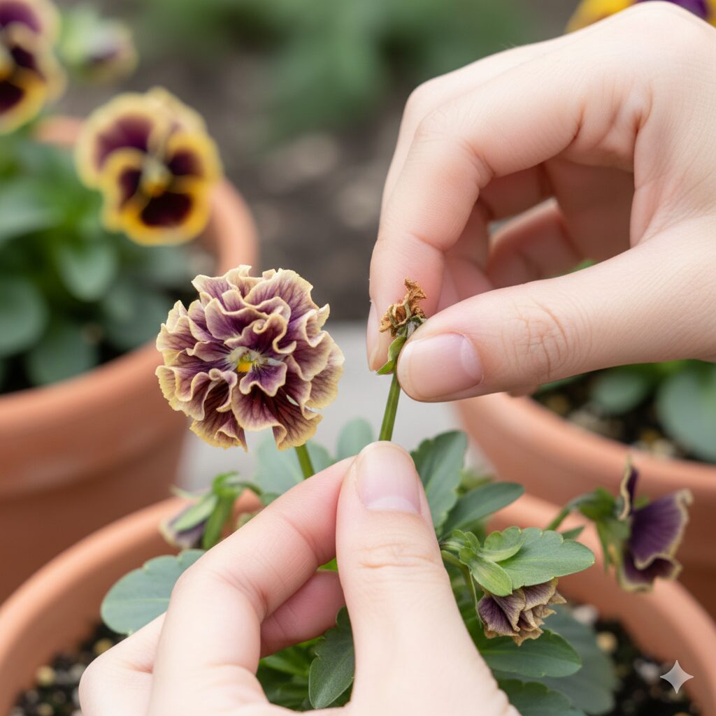 ミルフル 寄せ植え　種ができるのを防ぐため、ミルフルの花茎の付け根から花柄を摘み取る正しい方法