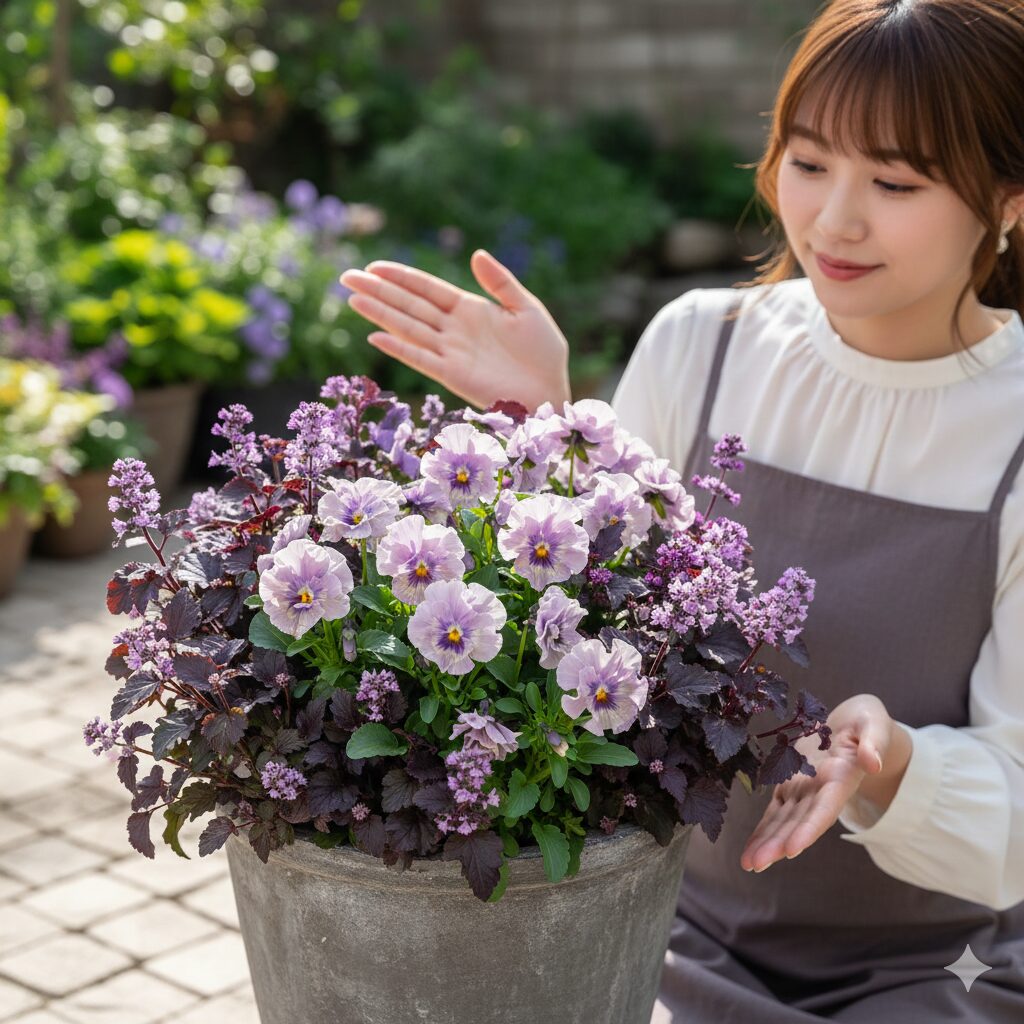 ミルフル 寄せ植え　サントリーフラワーズのフリル咲きビオラ「ミルフル」を使った豪華でおしゃれなアンティーク風寄せ植え